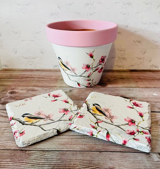 Vintage Bird Flower Pot, Floral Coasters, Plant Themed Gift Set, Home Decor