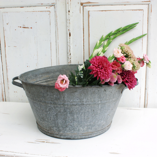 Large French Zinc Or Galvanised Metal Bowl, Vintage Panier Garden Planter