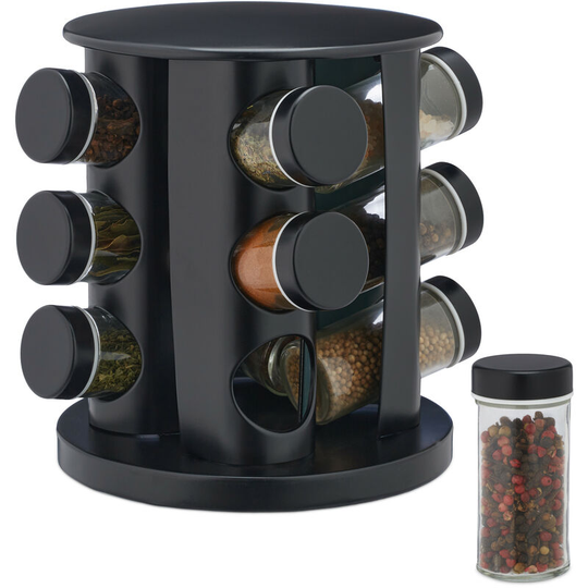 Spice Rack, 12 Glass Jars, Rotatable, Stainless Steel, h x d: approx. 22 x 19 cm, Black - Relaxdays