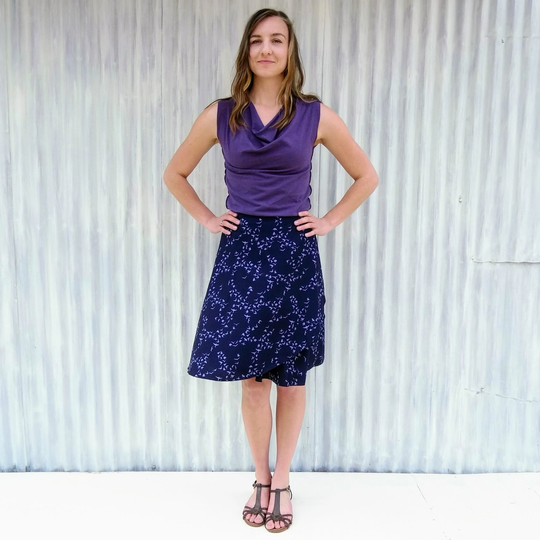 Organic Cotton Bird Wrap Skirt // Midnight Blue Midi With Print Handmade in Michigan By Yana Dee Ethical Apparel