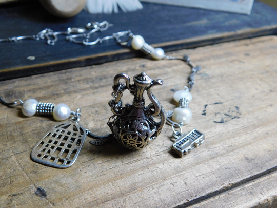 Ms. Doyle's Traveling Trolley Tea Room. Storyteller Necklace Neck Art. Floral Ewer, Genuine Freshwater Pearls, Leaf Chain, Birdcage