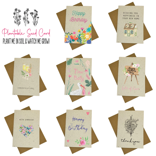 Personalised Plantable Seed Cards, Wildflower Illustrated Greetings Card, Paper Eco Friendly With Envelope Handmade