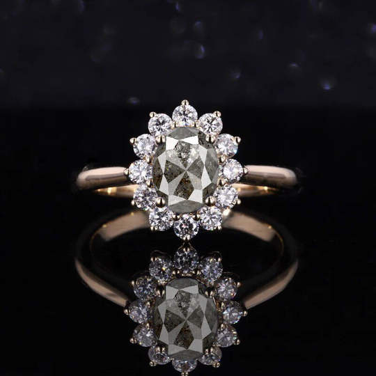 Oval Salt & Pepper Diamond Cluster Ring | Halo Promise in 9K/14K/18K Yellow Gold Dainty Engagement For Her