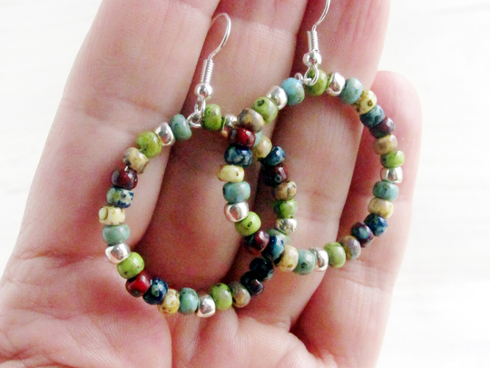 Beaded Hoop Earrings, Colorful Seed Bead Southwest Jewelry, Multicolored Earrings