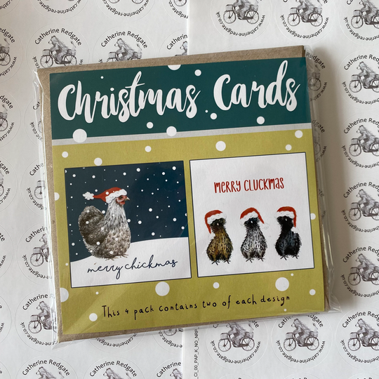 Chicken Hen Christmas Cards Illustrated Catherine Redgate Card Pack Funny Cute Winter Seasons Greetings Animal X-Mas Silkie Pekin Xmas