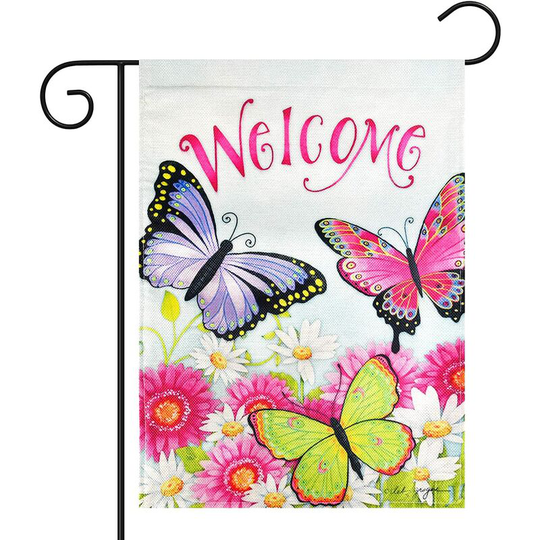 Briday - Welcome Spring Garden Flag 12.5'x18',Double Sided Buffalo Plaid Burlap Colorful Flowers and butterfly Seasonal Yard Banner for Spring Summer