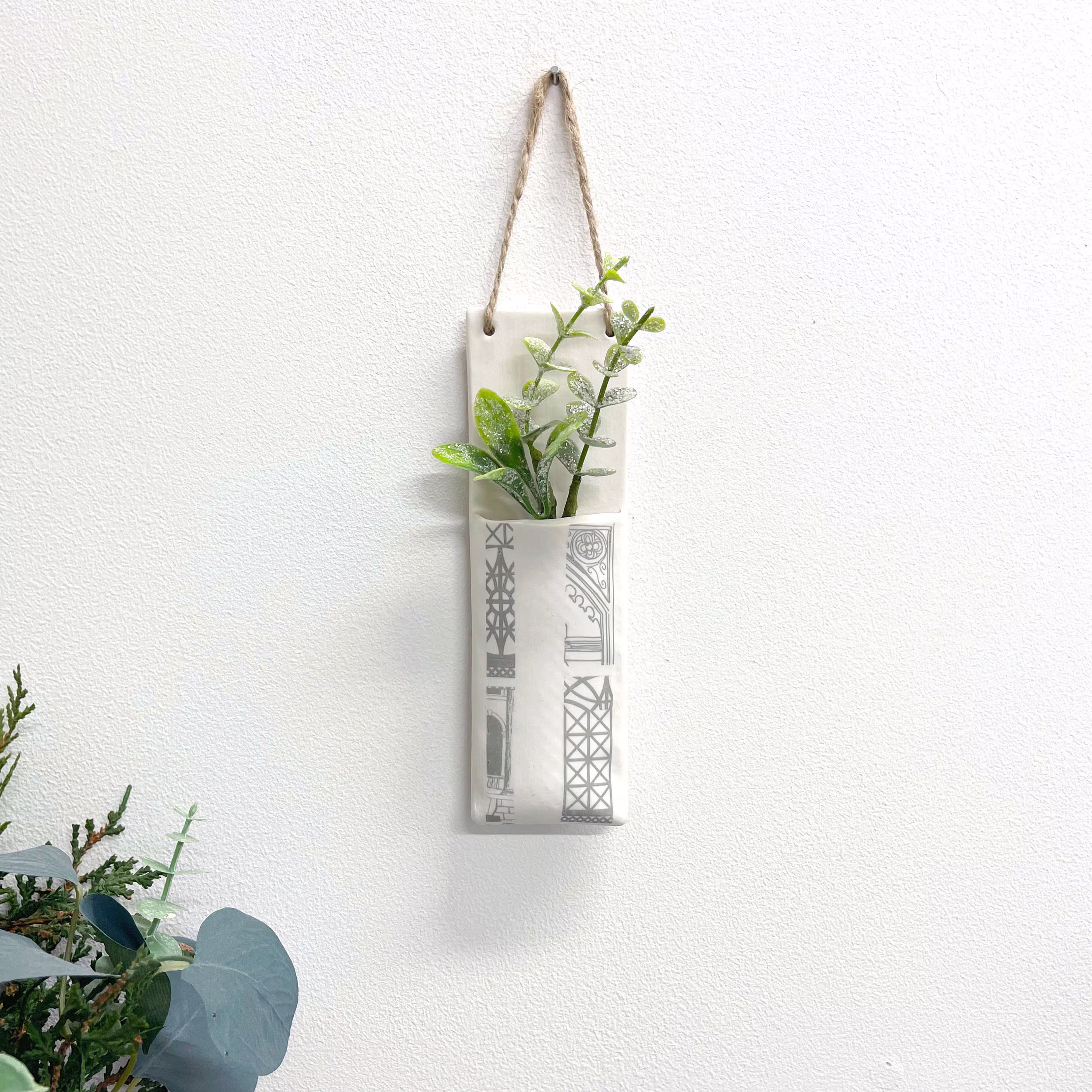 Narrow Hanging Planter Pocket - Grey Architecture Print Design Wall Planter Vase -Decorative Homeware Handmade Porcelain Gift