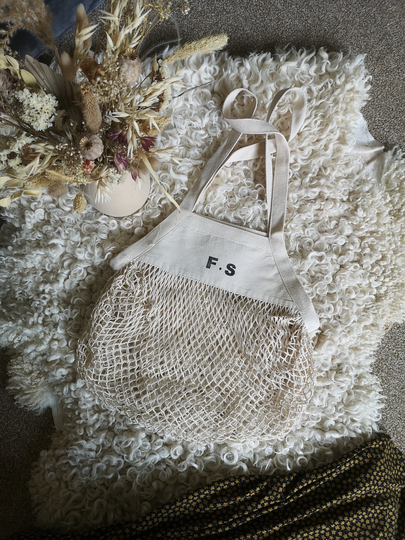 Reusable 100% Organic Cotton Mesh Bag, Personalised, Name Or Initials Grocery Shopping Tote, Shop Small, Local, Food, Produce, Market