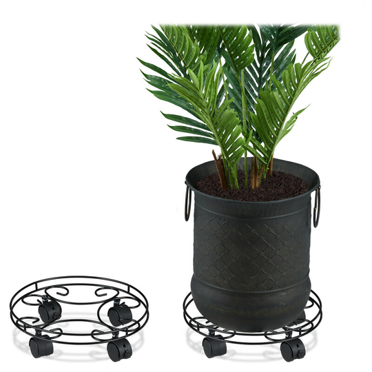 Relaxdays - Plant Caddy, Set of 2, Round, Indoors & Outdoors, Brakes, Pot Trolley with Wheels, Metal, Black