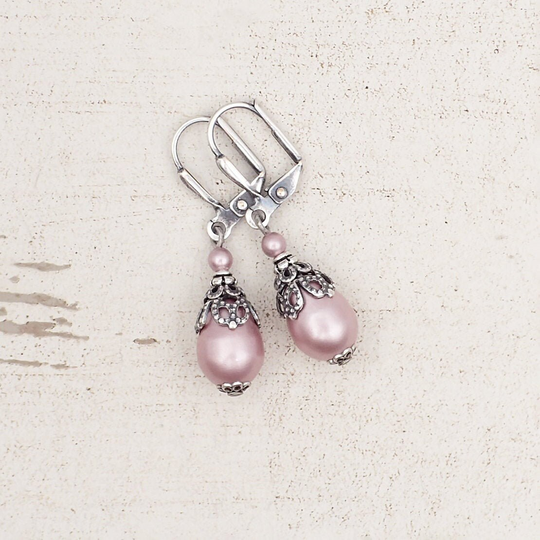 Powder Pink Victorian Style Crystal Pearl Earrings With Antiqued Silver Filigree