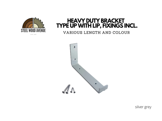 Silver Grey Powder Coated Heavy Duty Shelf Bracket, Style Up With Lip, Screws Included, Metal Shelving Hardware, Solid Brick Masonry Wall