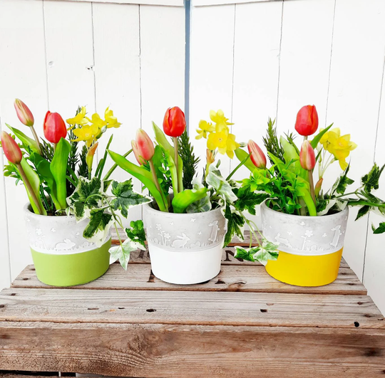 Spring Faux Flower Planted Arrangement With Tulips & Daffodils