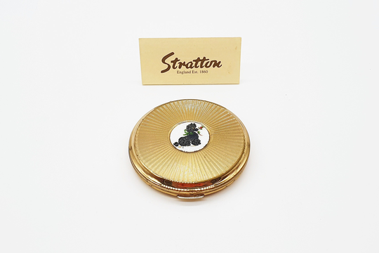 Rare Enamelled Stratton Compact, Vintage Poodle Design, Gold 1960S Dog Pattern Powder Enamel Detail Lid