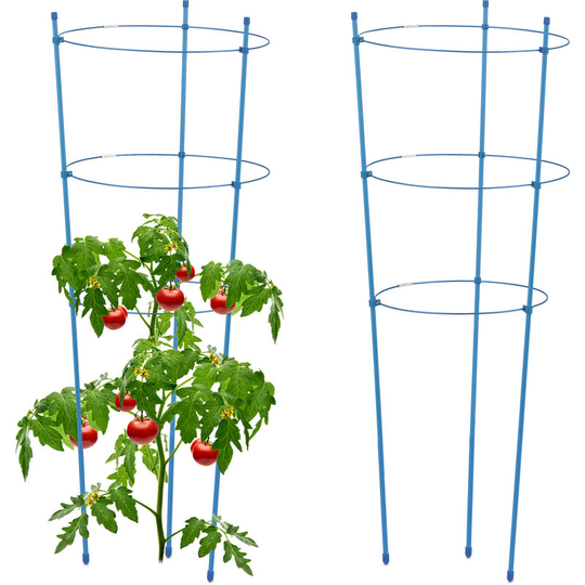 Climbing Aid Set of 2, Metal & Plastic, 76 cm, 3 Adjustable Rings, Trellis Frame Vines Garden Plants, Blue - Relaxdays