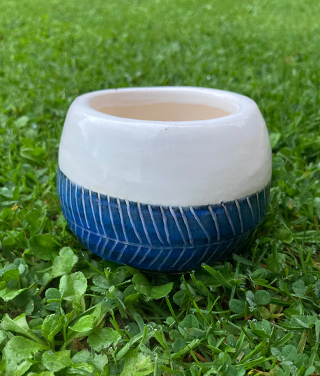 Handmade Ceramic Succulent Plant Pot - White & Blue Made On The Potters Wheel