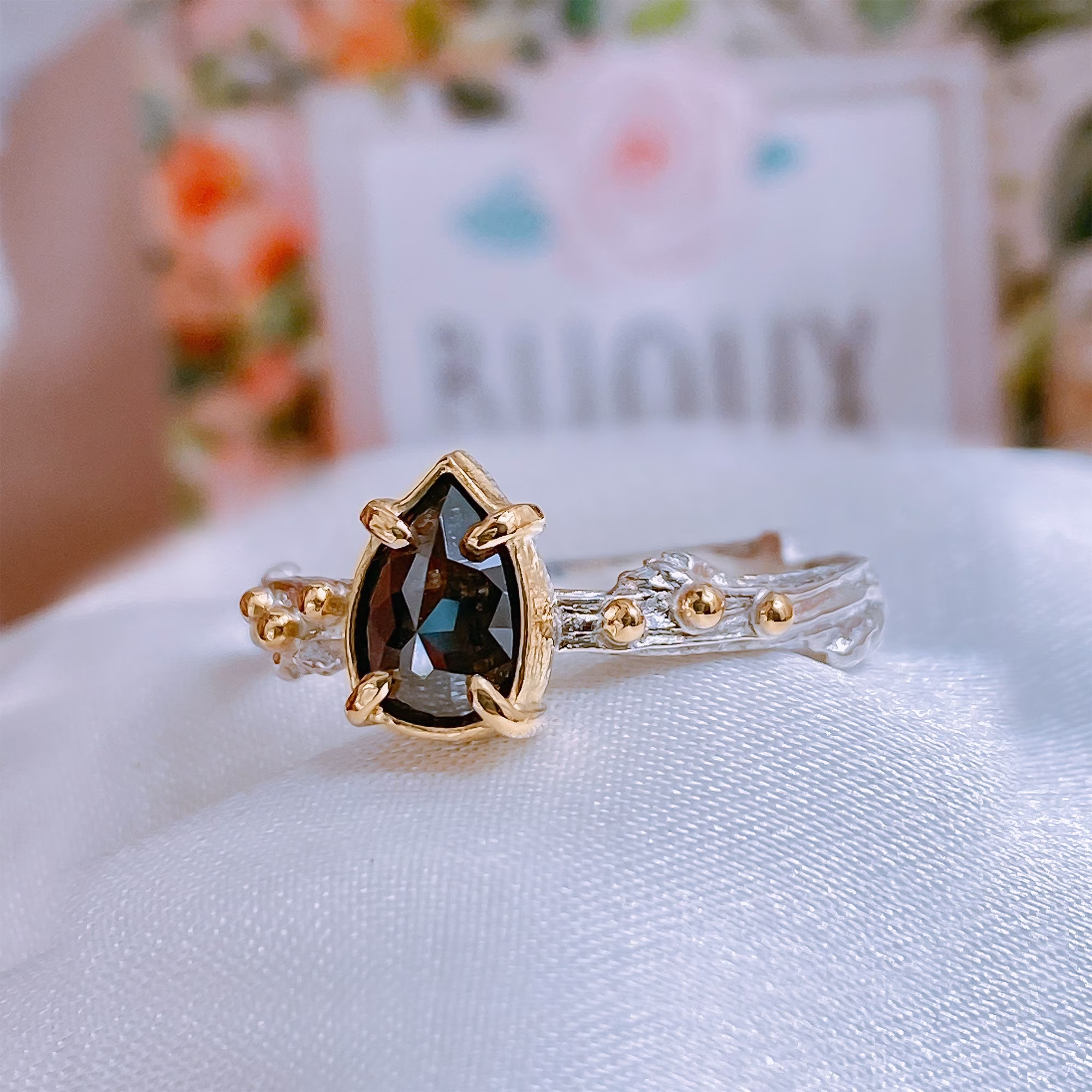 Pear Salt & Pepper Rough Diamond Unique Twig Engagement Ring in 9Ct/ 18Ct Solid Gold/925 Silver