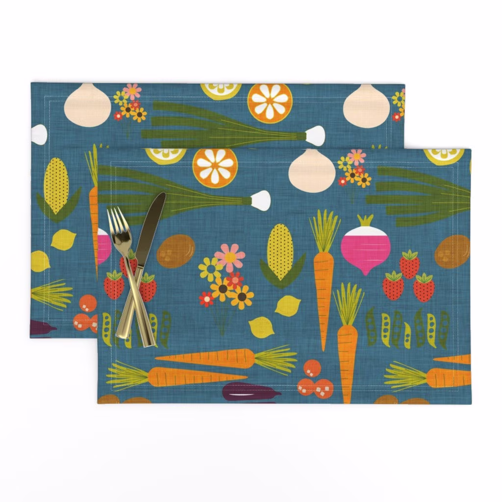 Mod Garden Placemats | Set Of 2 - Vegetable Herb By Bruxamagica Dark Slate Blue Midcentury Modern Cloth Spoonflower