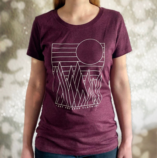 Fair, Vegan & Organic Women's Shirt, Heather Grape Red Cotton, "Cloud Mountains