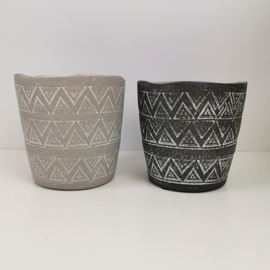 Ceramic Planter/House Plant Pot - Ancient Triangles Light Grey Dark
