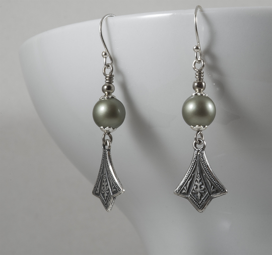 Art Deco Drop Earrings, Powder Green Swarovski Crystal Pearl, Sterling Silver Ear Wire, Edwardian Plated Connector