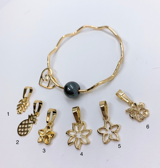 Hamilton Gold Hawaii Wavy Hammered Bangle With Peacock Shell Pearl & Heart Wave Charm Add On Plumeria Pineapple Tiare Monstera Hibiscus