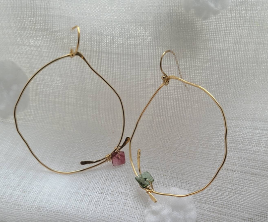 Organic Hoops With Tourmaline, Squiggle Earrings