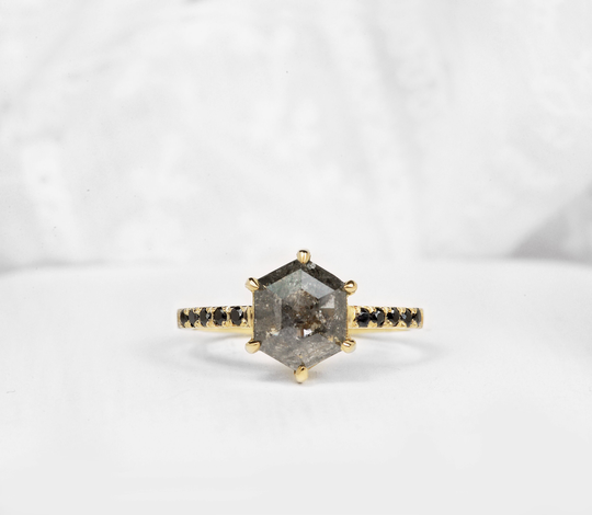 Salt & Pepper Diamond Engagement Ring, Black Hexagon Rose Cut Solitaire Ring