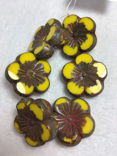 21mm Czech Flower Beads Yellow With Picasso Wash