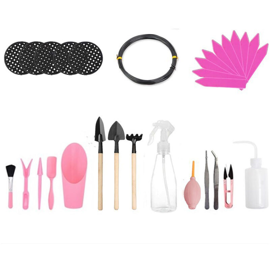 30PCS Succulent Plants Tools Planting Tool Set Fairy Garden Planting Care Tools Leaf Trimmer Rake Shovels Watering Bottle Plant Labels Pink
