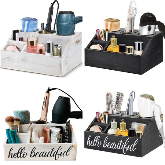 Rustic Solid Wood Makeup Organizer Bathroom Stainless Cups - Hair Dryer Holder, Tool Organizer, Holder Vanity Tray