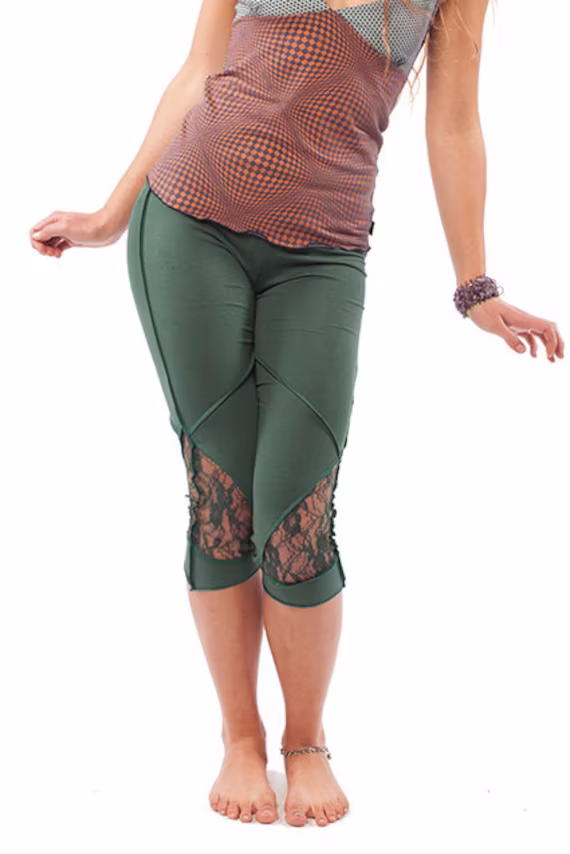 Organic Pixie Leggings, Green Pixie Leggings, Psy Trance Boho Festival Pants, Cotton & Lace Yoga Pants