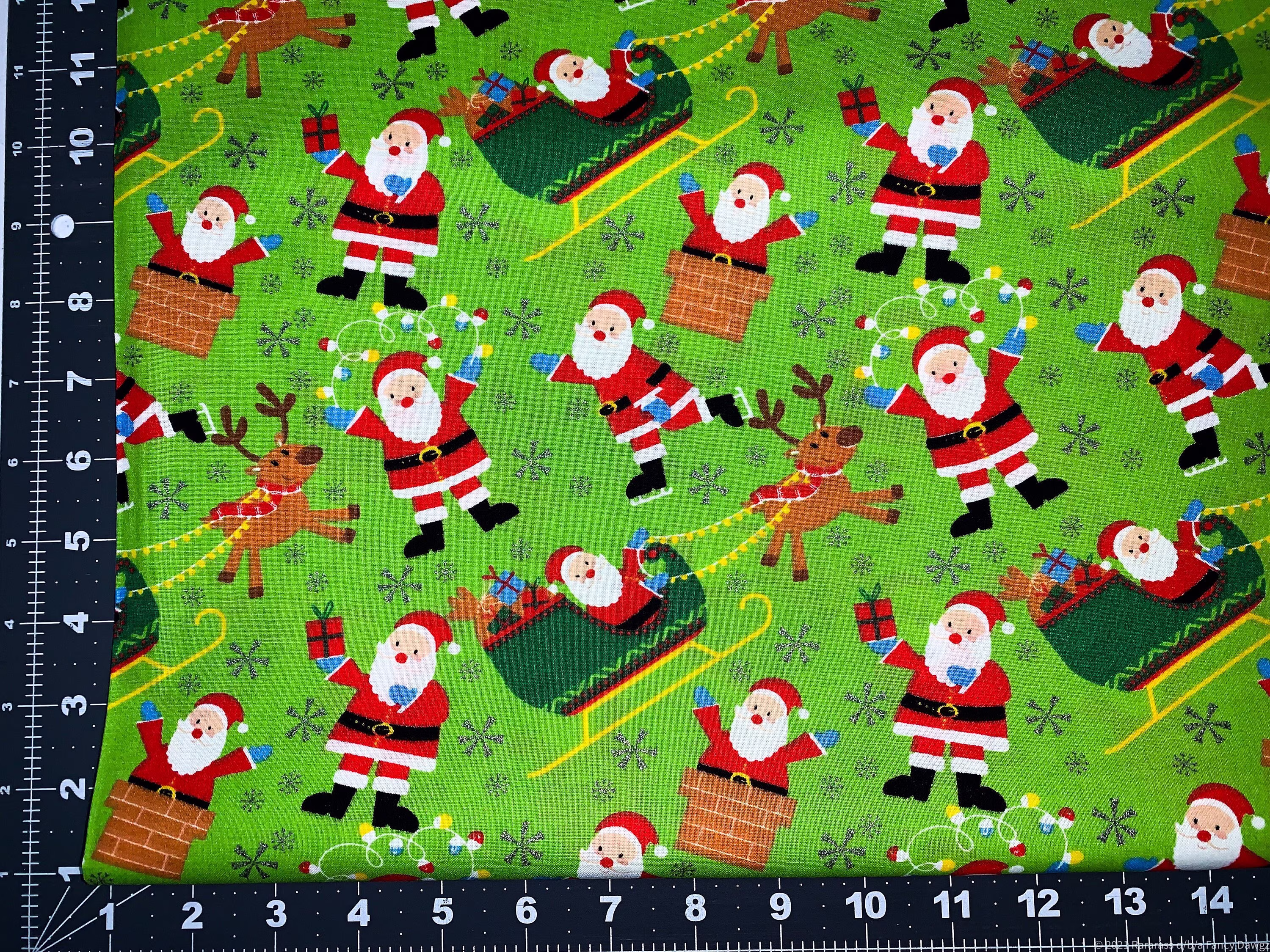 Santa Claus Fabric Tis The Season Green Cotton By Yard Christmas Holiday & Reindeer