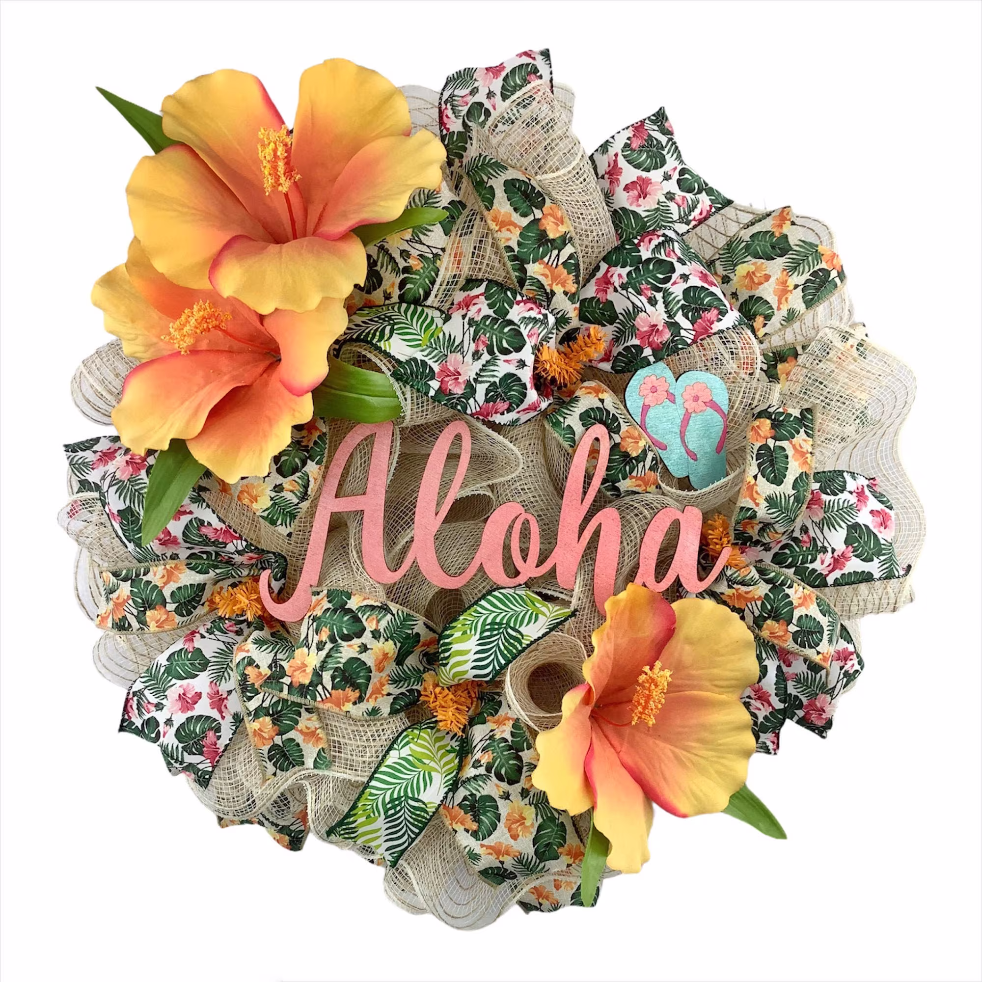 Hawaiian Aloha Hibiscus Flip Flop Wreath For Front Door, Coastal, Beach, Tropical Decorations
