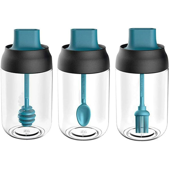 Spice Jar, Set of 3 Glass Spice Jars Seasoning Bottle with Spoon Oil Jar Honey Dispenser Container Kitchen Supplies 250ml