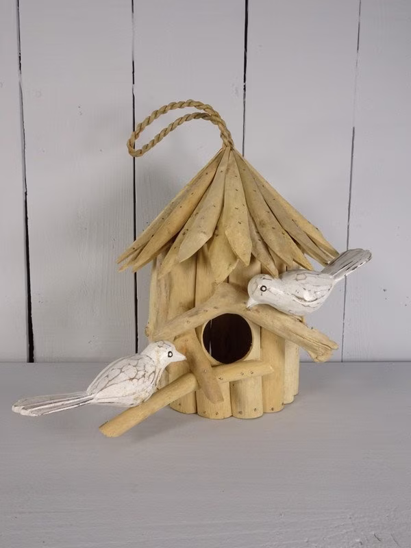 Hand-Crafted Driftwood Birdhouse With Two Birds 24x22cm