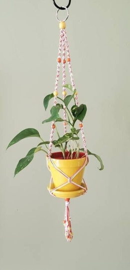 Sunflower Meddow Beaded Macrame Plant Hanger, with Hand-Painted Terra-Cotta Pot & Saucer Drip Tray
