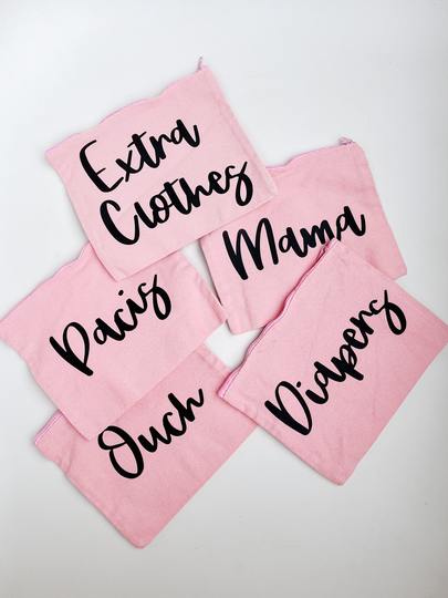 Pink Or Black Diaper Bag Car Organizers Starter Pack - Multipack Of 5 Washable Zipper Pouches | Labeled Zipper Bags New Mom Gift