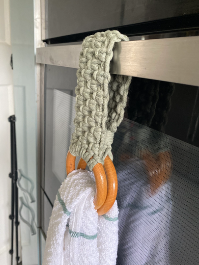 Sage Green Tea Towel Holder, Towel Hook, Hand Holder, Kitchen Accessories, Boho Kitchen Decor, Macrame Hanger, Farmhouse Decor