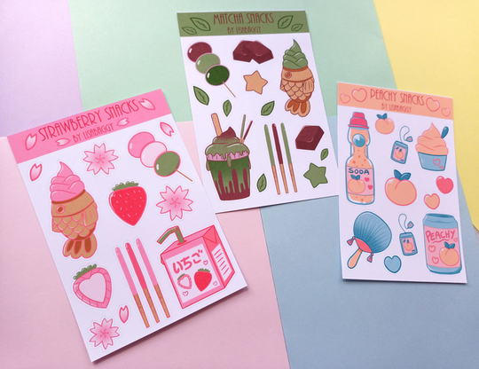 Kawaii Japanese Snack Themed Journal Sticker Sheets || Decorative Stickers | Taiyaki Sweets Soda Peach Strawberry Milk Matcha