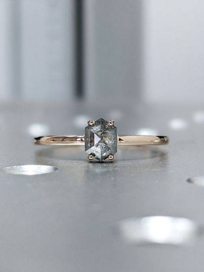 0.3 Carat Raw Diamond, Salt & Pepper, Hexagon, Unique Engagement Ring, Rose Cut Geometric Diamond 14K Gold, Custom Handmade