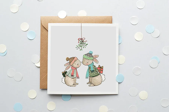 Mistletoe Kiss, Christmas Card, Seasons Greetings, Whimsical Xmas, Festive Rabbits, Greetings Perfect For Children Or Adults This Xmas