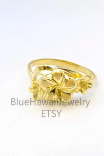 8mm Hawaiian Heirloom 3 Plumeria Triple Flower 14K Gold Ring Jewelry Made in Hawaii