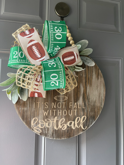 Fall Autumn Wooden Door Circle | Football Sports 15 Inch Bow Front Decor Season