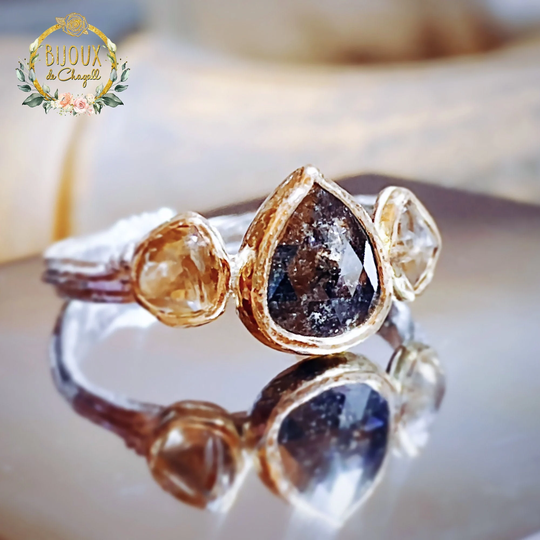 Pear Salt & Pepper & Champagne Rough Diamonds Twig Engagement Ring in 22Ct Solid Gold 9Ct White Or Silver Band