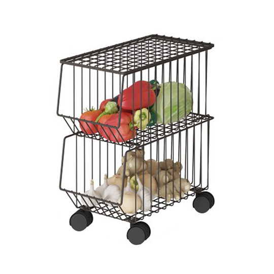 Movable Iron Storage Shelf 2 Layer Tier Drying Mesh Basket Metal Rack with Wheels Storing Fruit Vegetable Toys Space Saving Organizer for Kitchen