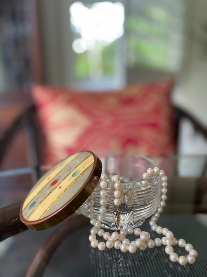 Vintage Footed Glass Jewelry Trinket Powder Box With Floral Print Metal Lid