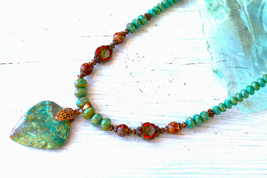 Southwest Green Turquoise Necklace, Chrysocola Rustic Southwest Rustic Gemstone Boho Cowgirl Necklace
