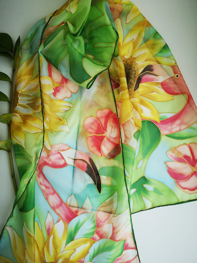 Hand Painted Silk Scarf -Sunflowers Monstera Hibiscus Flamingo - Summer Wrap-Yellow Green Coral Red Scarves