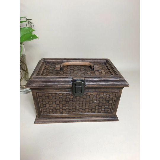 Vintage - Lerner Sewing Box Plastic Faux Wicker No Insert Boho Storage Organizer