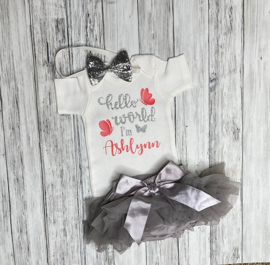Personalized Hello World Outfit Butterflies, Coming Home Butterfly Outfit, One Of A Kind Baby Shower Gift For Girl, Spring Girl